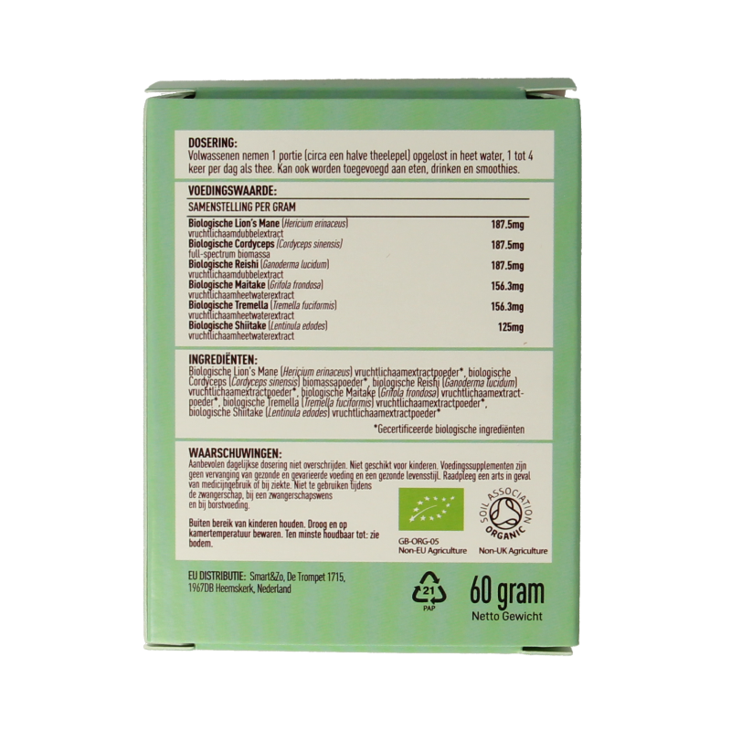 Organic Mushrooms for Life Myco Synergy Powder in a 60g package, herbal supplement with mushroom extract for wellness.