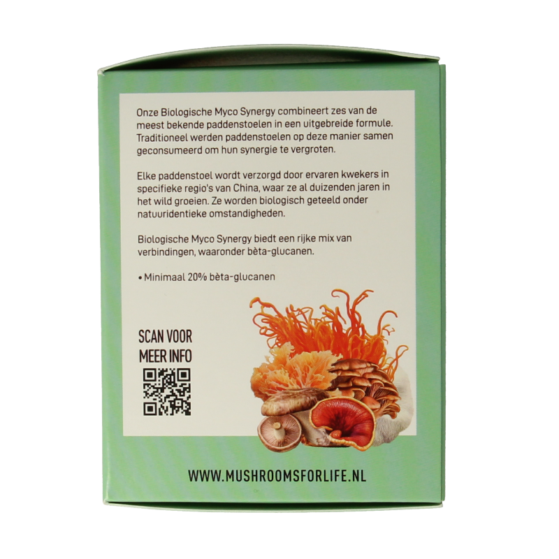 Organic Mushrooms for Life Myco Synergy powder in a 60g container, featuring a herbal supplement with mushroom extracts.