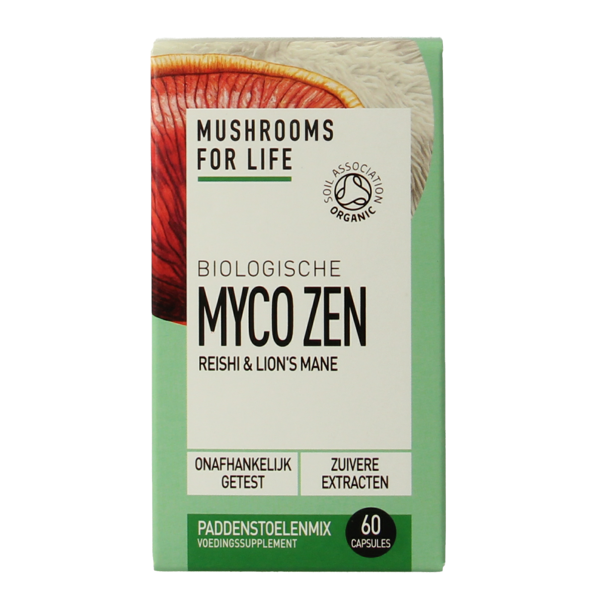Mushrooms for Life Myco Zen bio capsules in a bottle, herbal supplement for wellness, branded Kruidenpreparaten.