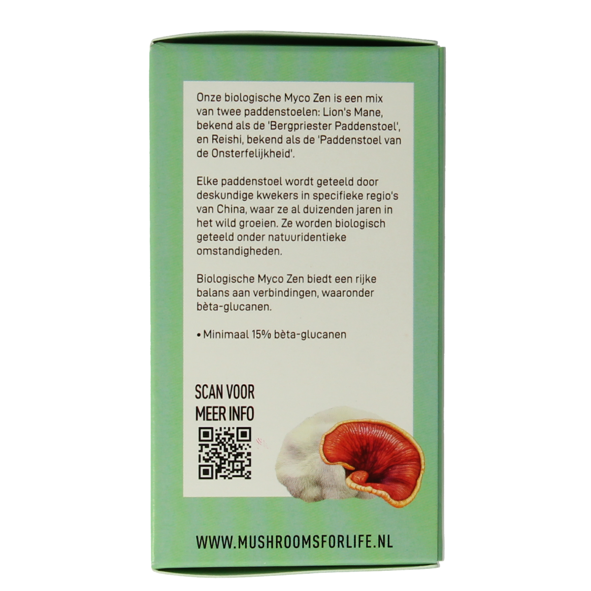 Mushrooms for Life Myco Zen bio capsules in a bottle, dietary supplement for wellness, in front of a plain background.