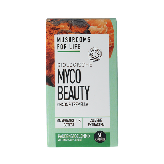 Mushrooms for Life Myco Beauty bio capsules, herbal supplement in a bottle, featuring mushroom extract capsules for skin health.