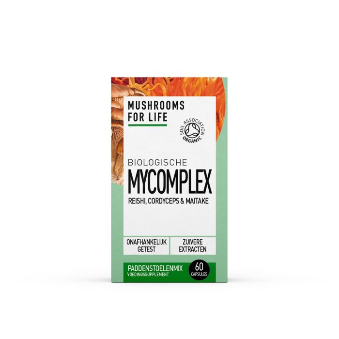 Bottle of Mushrooms for Life Mycocomplex bio capsules, dietary supplement with mushroom extract capsules in a clear bottle.