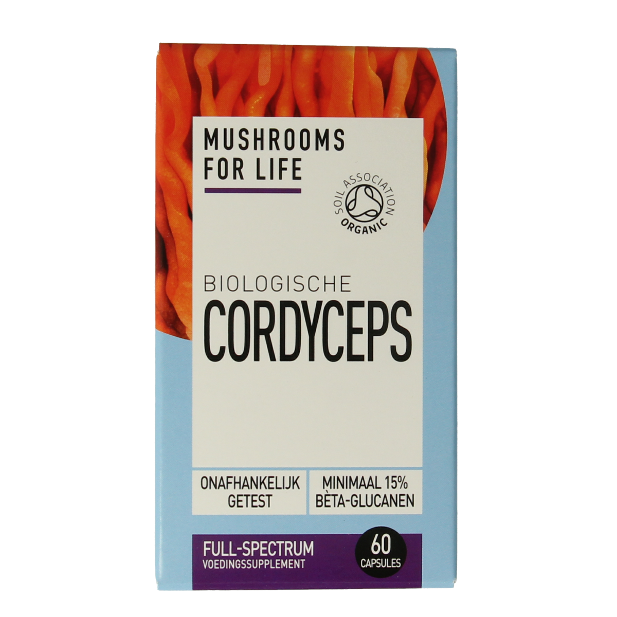 Mushrooms for Life Cordyceps bio supplement in a bottle of 60 capsules, part of organic herbal preparations.