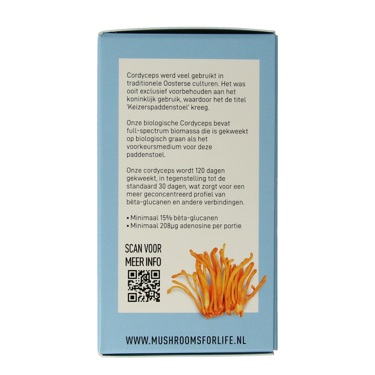 Mushrooms for Life Cordyceps bio supplement in a bottle of 60 capsules, part of Mushrooms for Life herbal preparations.