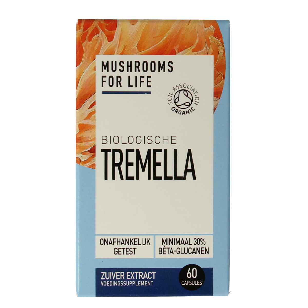 Boiled Tremella mushroom supplement capsules in a clear bottle from Mushrooms for Life, showing the bio label and capsule contents.