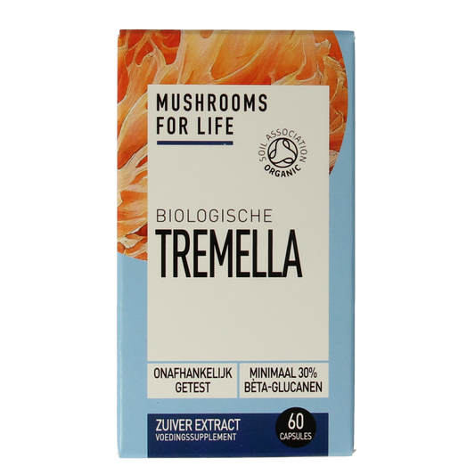 Boiled Tremella mushroom supplement capsules in a clear bottle from Mushrooms for Life, showing the bio label and capsule contents.