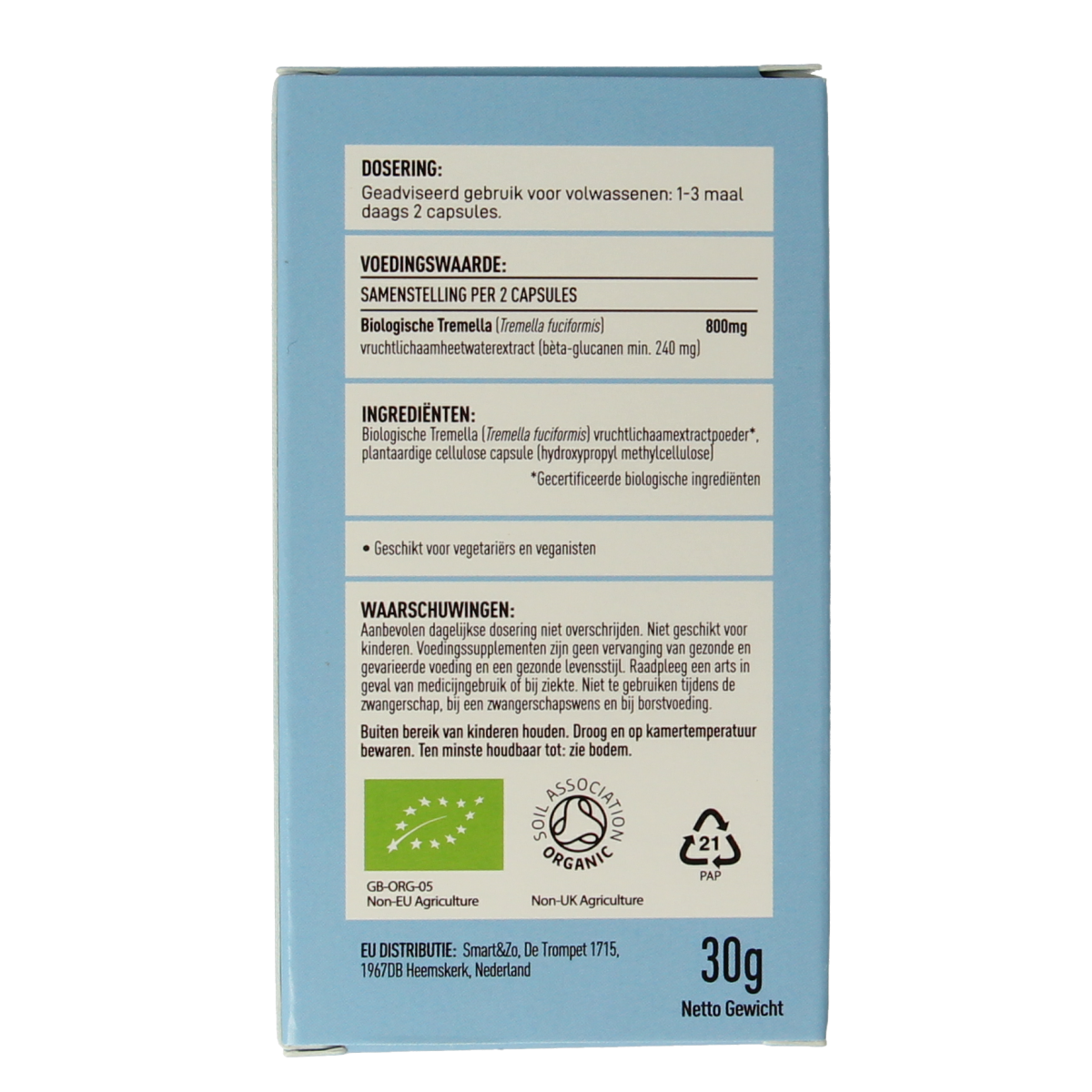 Mushrooms for Life Tremella bio capsules, herbal supplement in a white bottle with green label, showing 60 capsules.