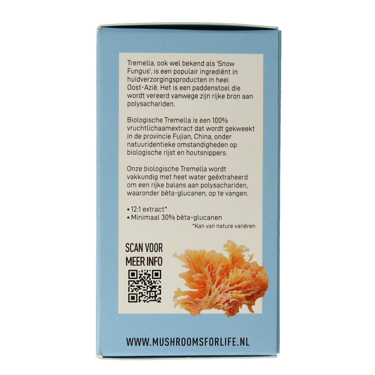 Bio Tremella mushroom capsules by Mushrooms for Life, showing a bottle of 60 capsules in a natural setting.