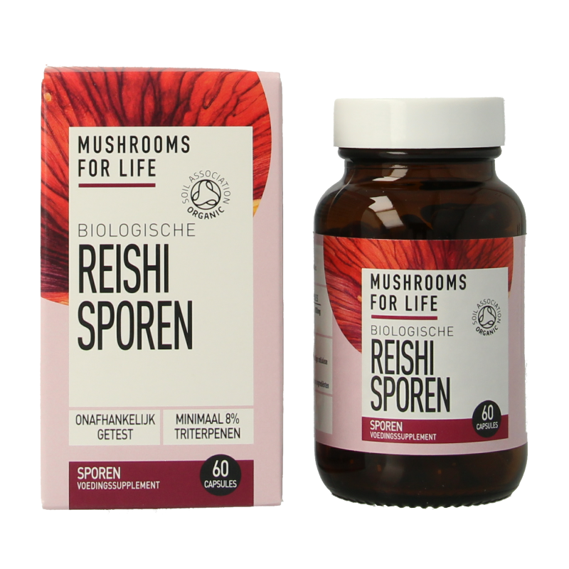 Organic Reishi mushroom spores in 60 capsules by Mushrooms for Life, a natural herbal supplement for wellness.