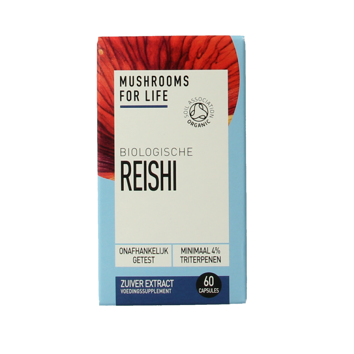 Mushrooms for Life Reishi bio supplement capsules in a bottle, herbal product from Kruidenpreparaten brand.