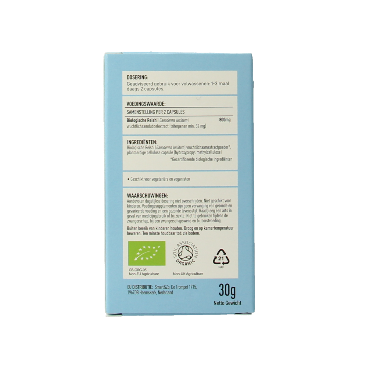 Mushrooms for Life Reishi organic capsules in a bottle, dietary supplement for immune support, Kruidenpreparaten brand.