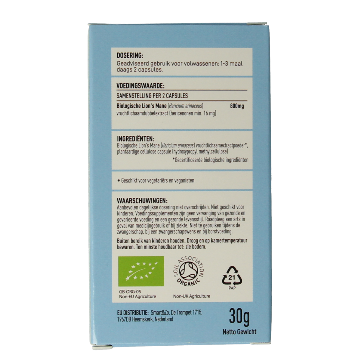 Mushrooms for Life Lion's Mane bio capsules in a bottle, dietary supplement for cognitive health, Kruidenpreparaten brand