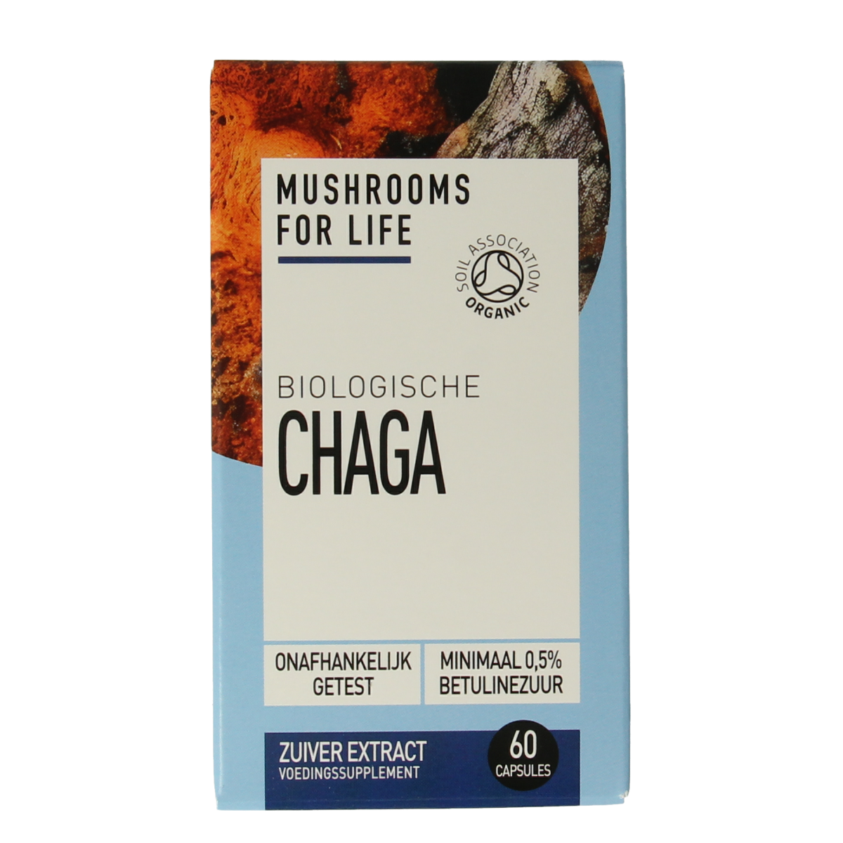Mushrooms for Life Chaga bio capsules, 60 count, herbal supplement in a plastic bottle with a label showing mushrooms and natural imagery.