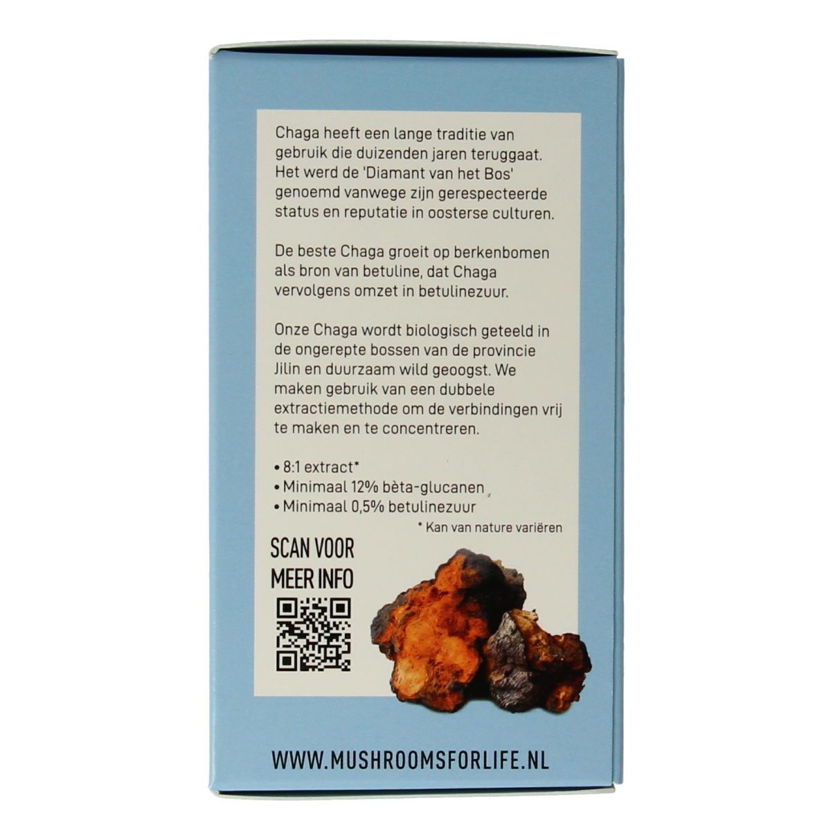 Mushrooms for Life Chaga bio supplement capsules in a bottle, part of the Kruidenpreparaten line, natural mushroom extract.