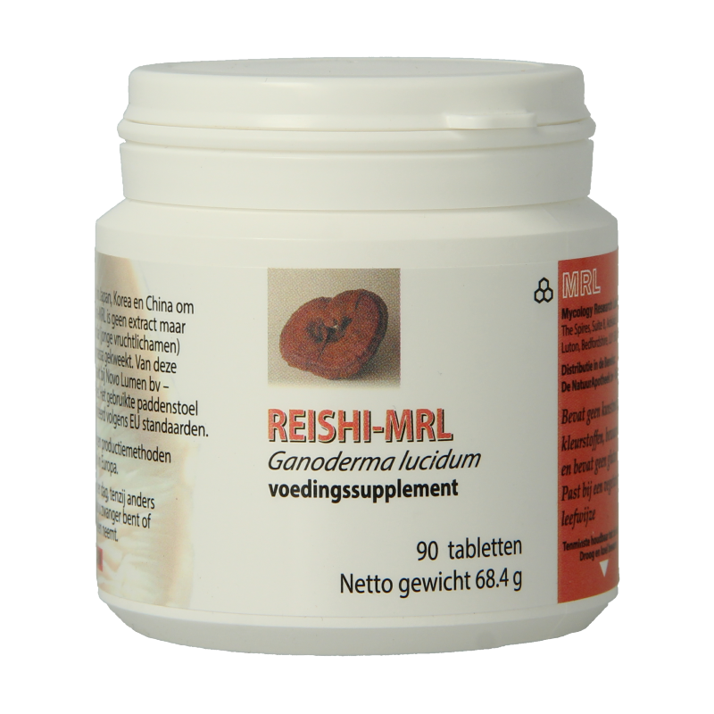 MRL Reishi 90 tabletten, herbal supplement in a white bottle with green label, showing the product capsules inside.