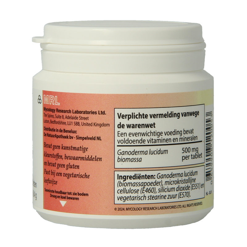 MRL Reishi supplement with 90 tablets, herbal remedy in a white bottle with label, used for immune support and wellness.