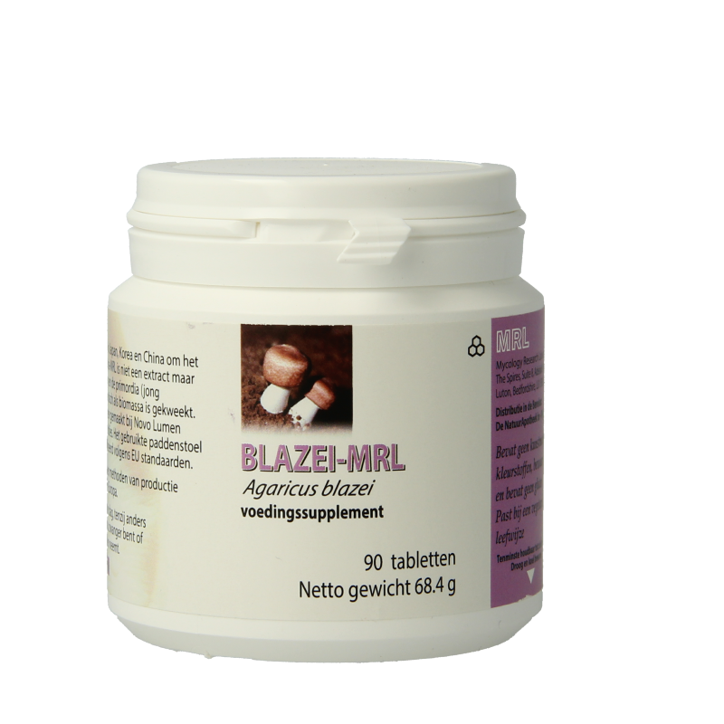 MRL Agaricus blazei 90 tablets in a bottle, herbal supplement from MRL, showing the tablet packaging and label.