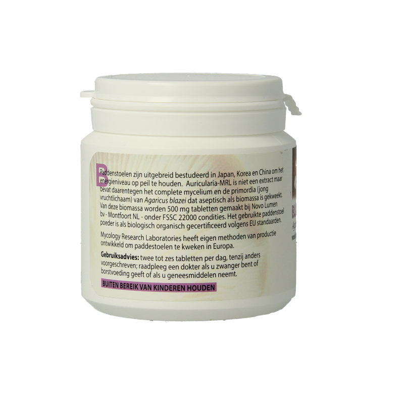 MRL Agaricus blazei supplement in a bottle of 90 tablets, herbal preparation from MRL, with labeled packaging and tablets visible.
