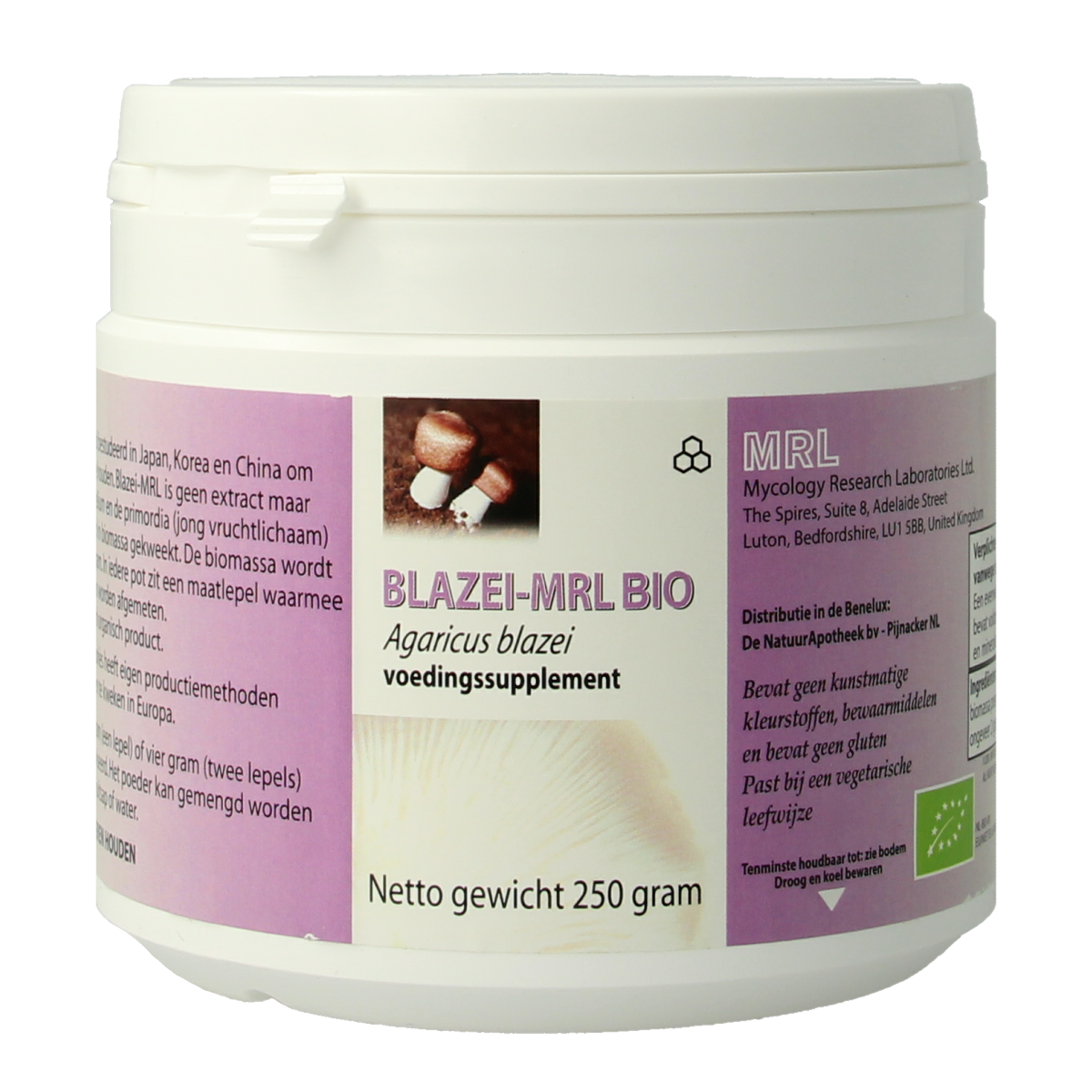 Bio MRL Agaricus poeder kruidenpreparaten in 250g verpakking, fine mushroom powder for culinary and health use.
