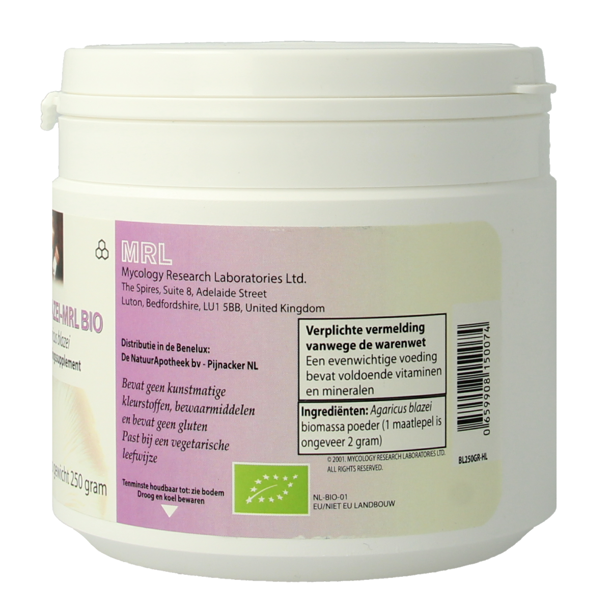 Bio MRL Agaricus powder in a 250g package, natural mushroom supplement, shown in resealable bag, herbal preparations by MRL.