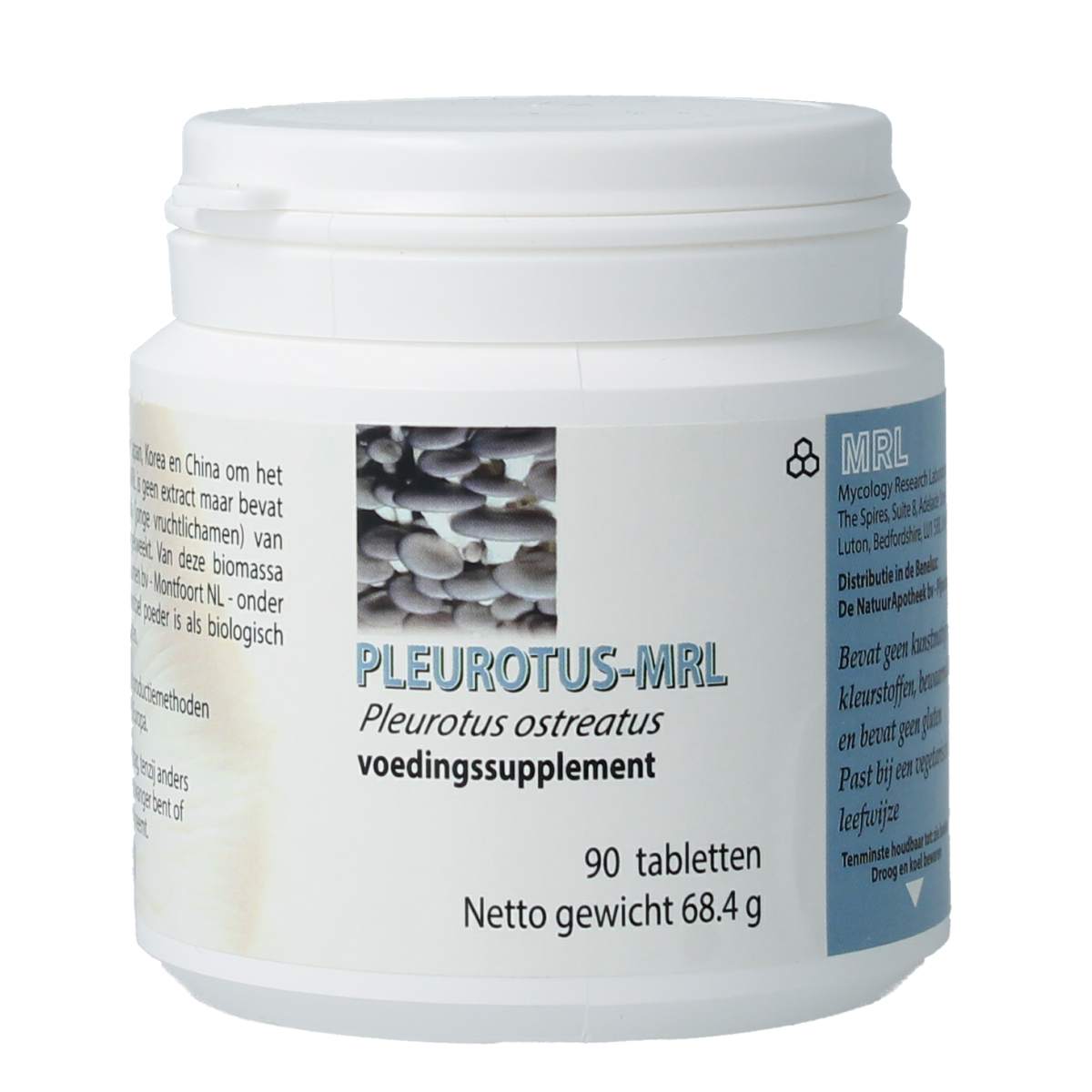 MRL Pleurotus herbal supplement tablets in a bottle, part of MRL's kruidenpreparaten product line.