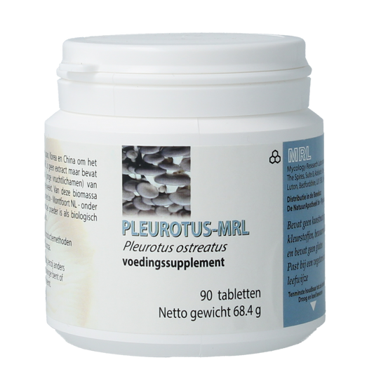 MRL Pleurotus herbal supplement tablets in a bottle, part of MRL's kruidenpreparaten product line.