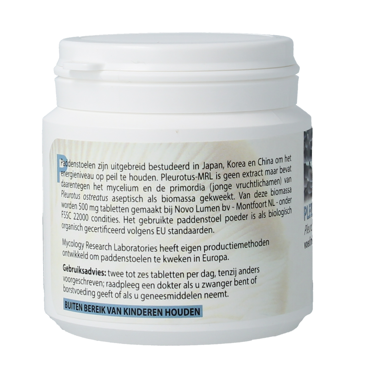 MRL Pleurotus herbal supplement tablets in a bottle, part of MRL Kruidenpreparaten product line.