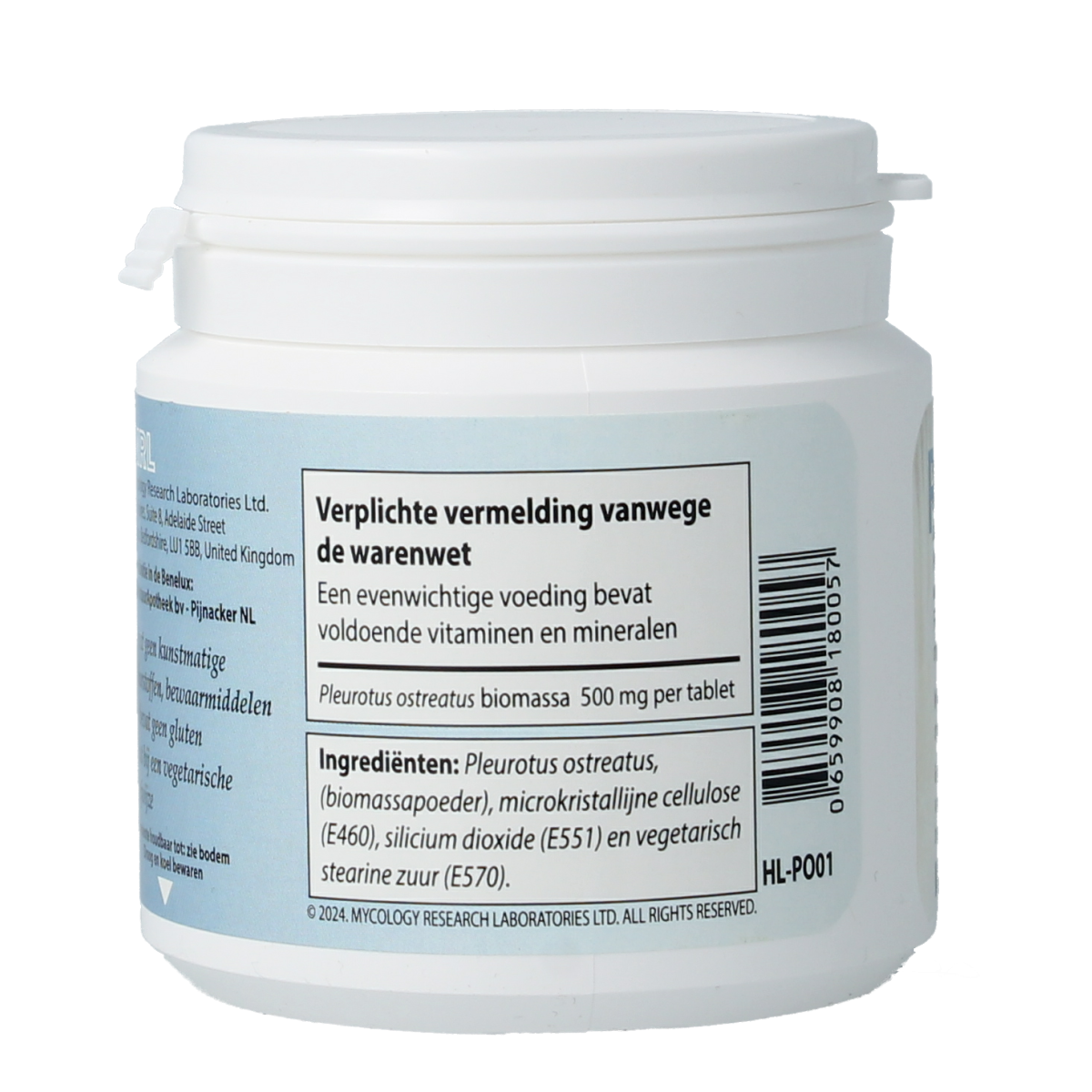 MRL Pleurotus herbal supplement tablets, natural mushroom extract product from MRL, shown in a container with tablets.