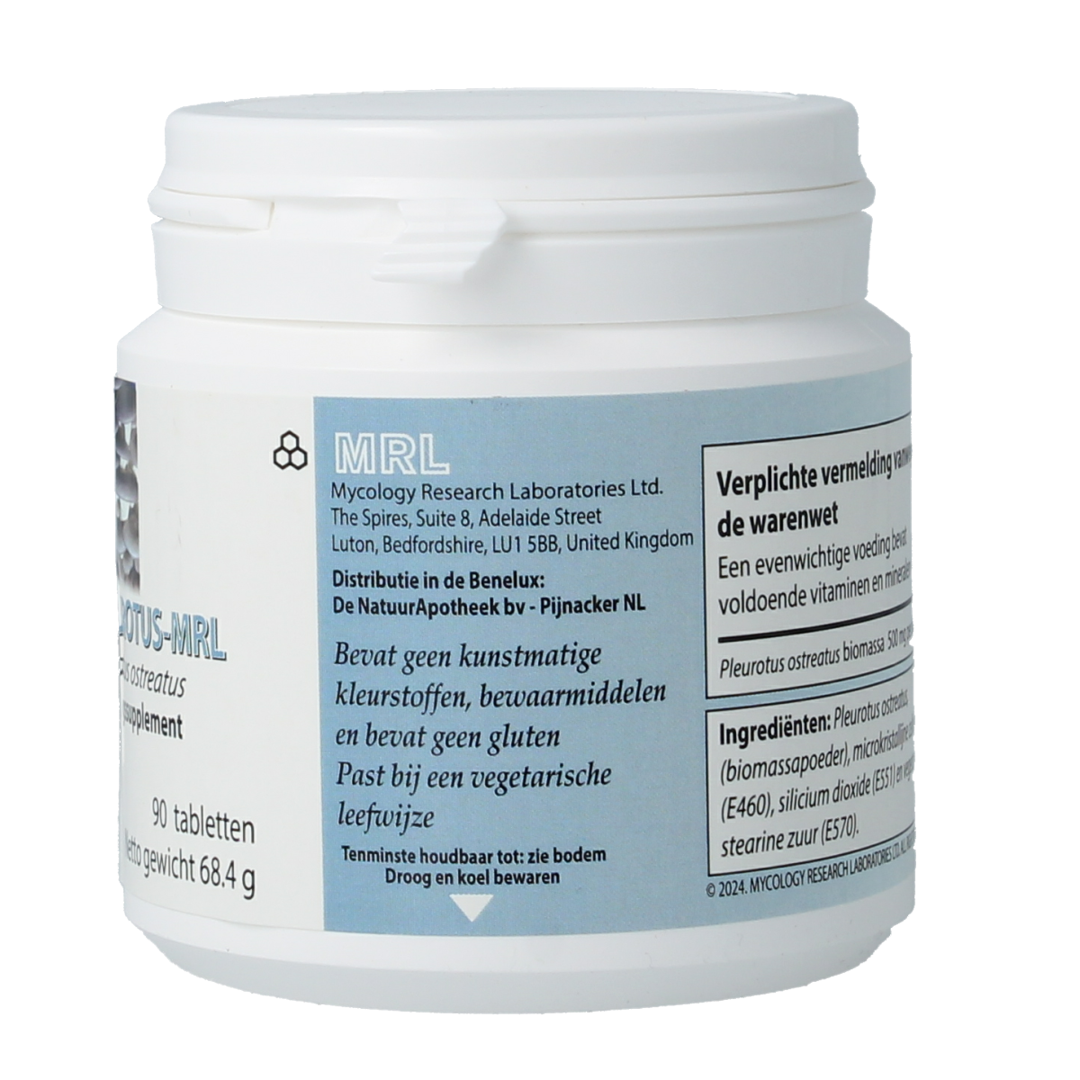 MRL Pleurotus herbal supplement tablets, natural kruidenpreparaten from MRL, shown in blister pack with white tablets.