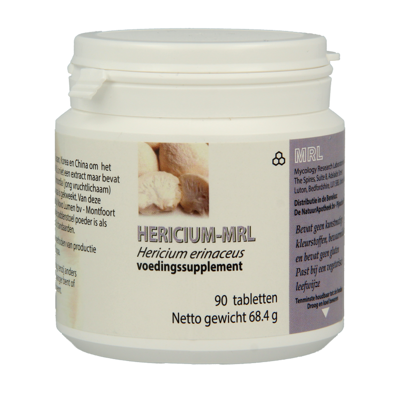 MRL Hericium herbal supplement in a bottle of 90 tablets, part of MRL kruidenpreparaten line, shown in the image.