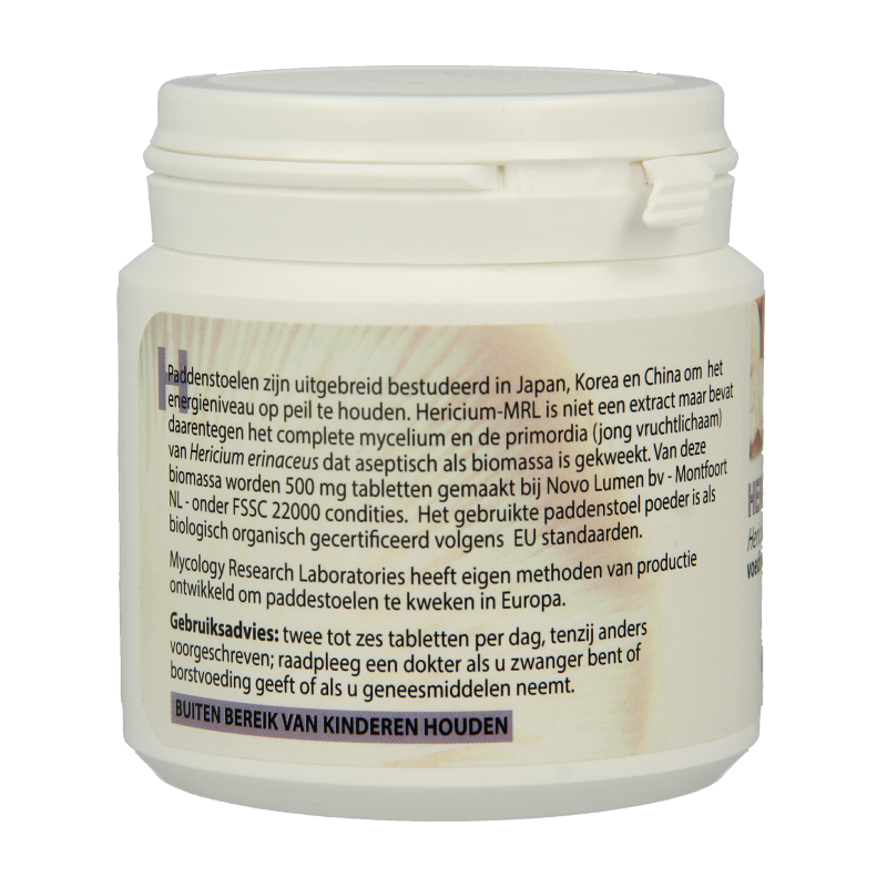 MRL Hericium herbal supplement tablets in a bottle, part of MRL's kruidenpreparaten collection, shown in a close-up image.
