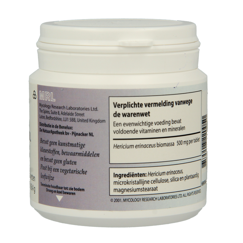 MRL Hericium herbal supplement in a bottle of 90 tablets, part of the MRL kruidenpreparaten collection, with white tablets inside.