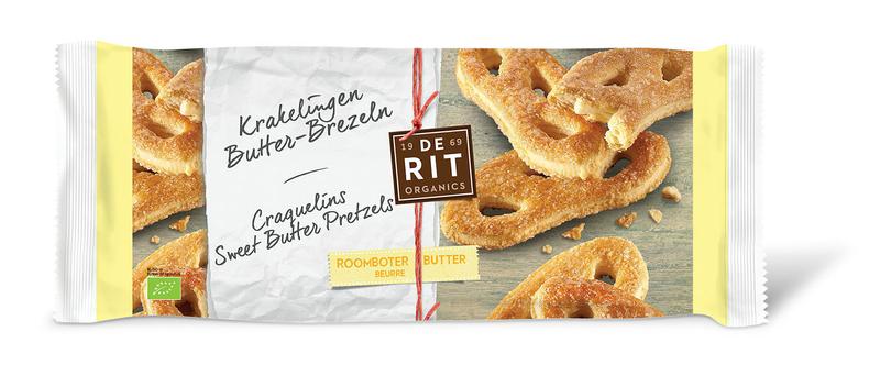 De Rit Krakelingen bio koeken in 150g package, featuring golden, twisted organic cookies with sugar coating.