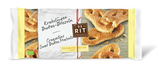 De Rit Krakelingen bio koeken in 150g package, featuring golden, twisted organic cookies with sugar coating.