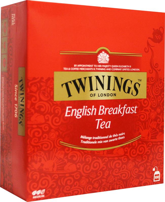 Twinings English Breakfast Tea tea bags in a box, featuring 100 tea bags for a flavorful breakfast infusion.