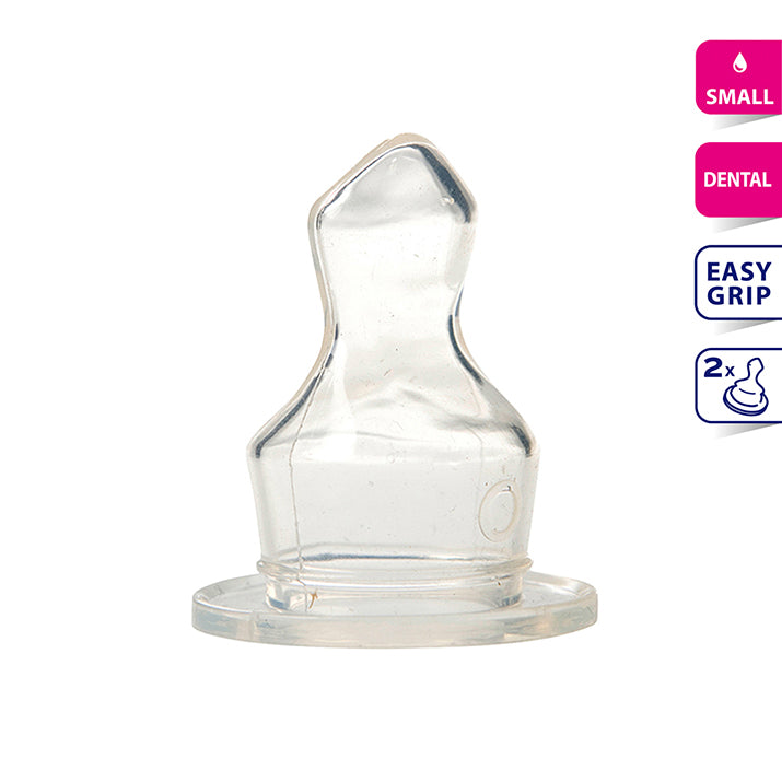 Difrax small dental baby bottles with two soft silicone nipples, designed for comfortable feeding and gentle dental support.