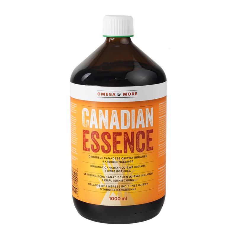 Omega & More Canadian Essence oil bottle, 1000ml, in a clear plastic container with a label, for cooking and health use.