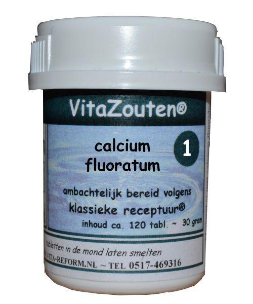 Bottle of Vitazouten Calcium fluoratum mineral supplement tablets with 120 tablets in a white bottle.