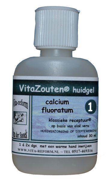 Vitazouten Calcium Fluoratum huidgel nr. 01 in 30ml tube, a natural body care product for skin health and hydration.