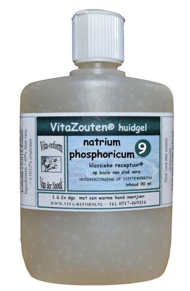 Vitazouten Natrium Phosphoricum huidgel nr. 09, 90 ml, lichaamsverzorging product with transparent gel in a tube.