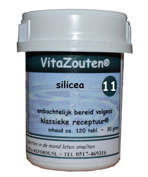 Vitazouten Silicea VitaZout Nr. 11 mineral supplement tablets, showing 120 Vitazouten mineralen Enkel tablets in a bottle.