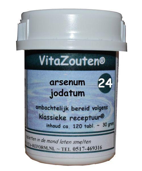 Vitazouten Arsenum jodatum mineral tablets, 120 count, natural iodine supplement by Vitazouten, shown in bottle with tablets.