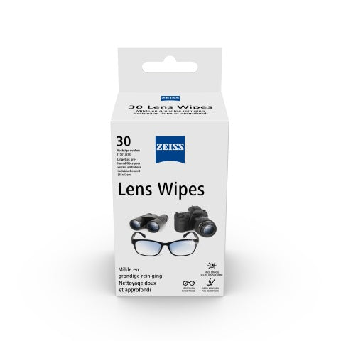 ZEISS lens wipes pack of 30 cleaning cloths for camera lenses and screens, in a sealed package.