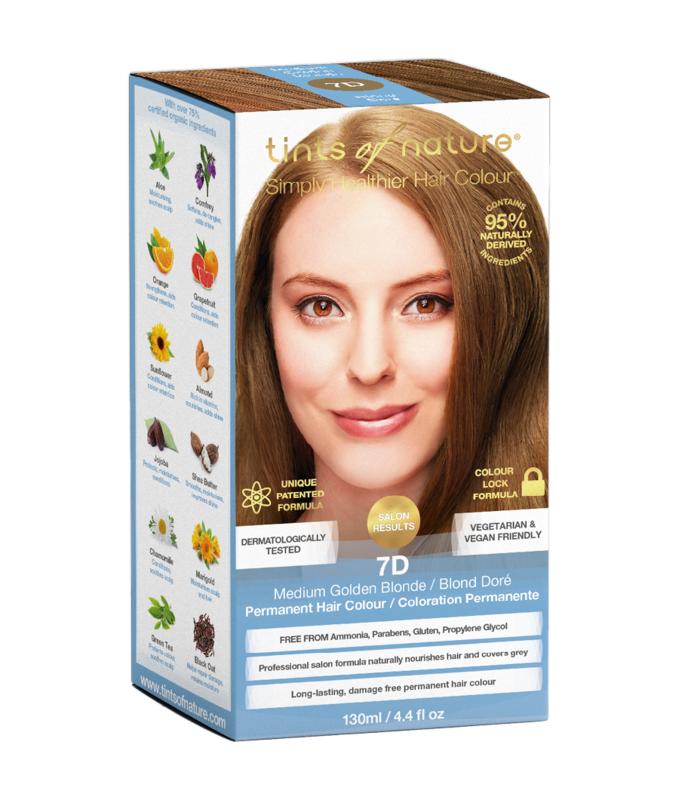 Tints Of Nature 7D medium gold blonde hair coloring set with applicator bottle and gloves for natural-looking hair dye.