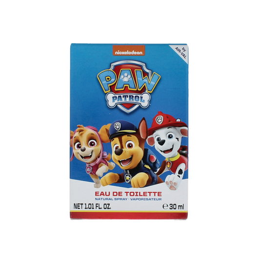 Air-Val Paw Patrol eau de toilette 30ml bottle with colorful Paw Patrol characters and playful design on the packaging.