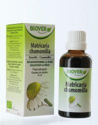 Organic Biover Matricaria chamomilla herbal preparation in a 50ml bottle, showcasing chamomile flowers and herbal extract.