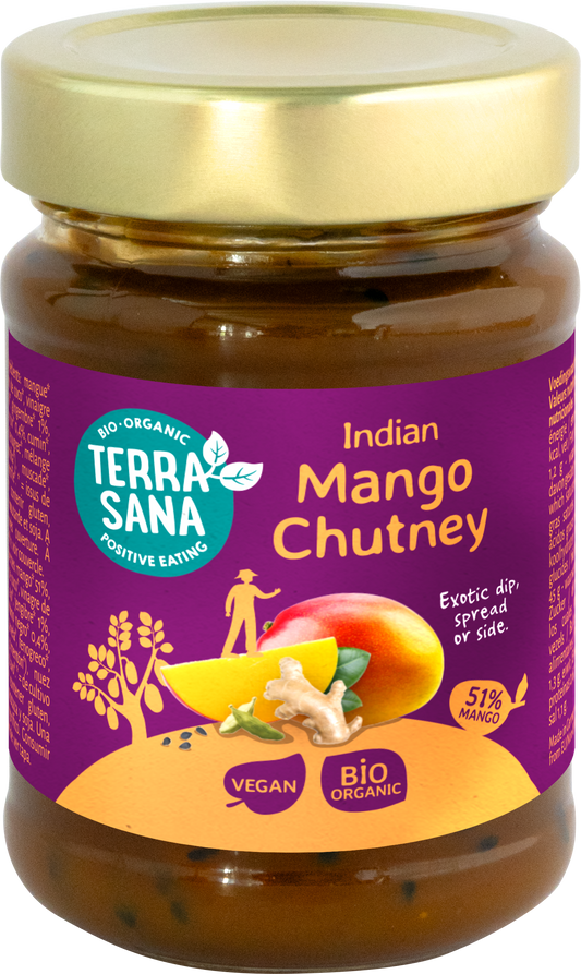 TerraSana organic mango chutney jar, 195g, showcasing the vibrant mango flavor and label on the sauce bottle.