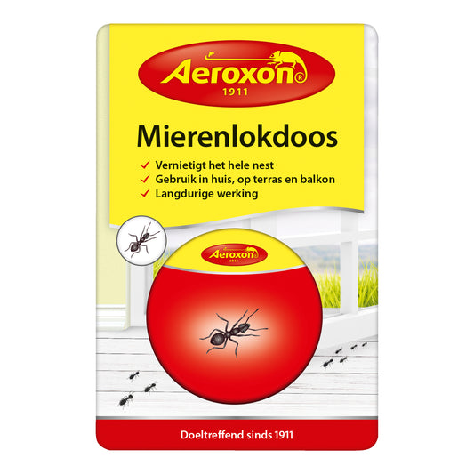 Aeroxon Mierenlokdoos pesticide trap for ants, natural pest control solution, shown in the image with bait and trap design