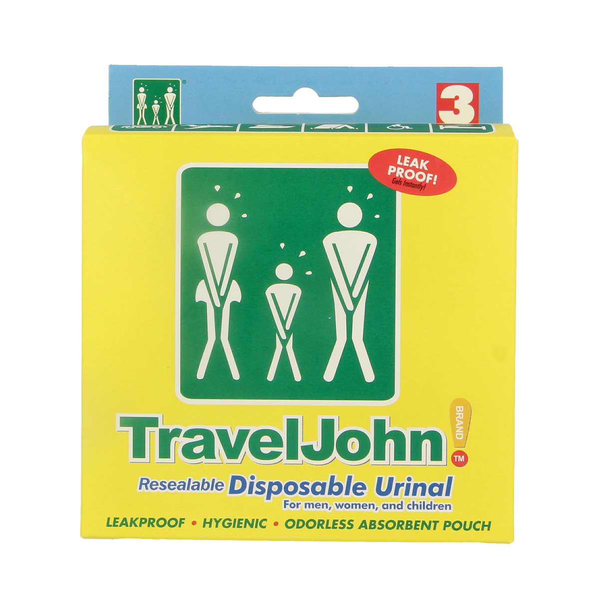 Able 2 Travel John instrument set with three portable adult incontinence products, designed for discreet use.