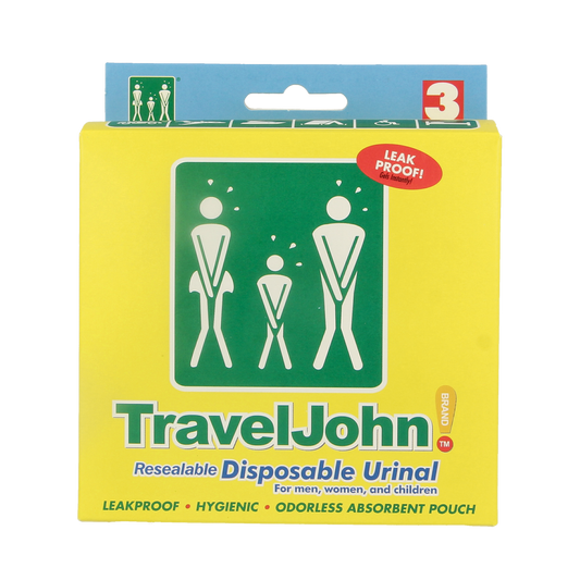 Able 2 Travel John instrument set with three portable adult incontinence products, designed for discreet use.